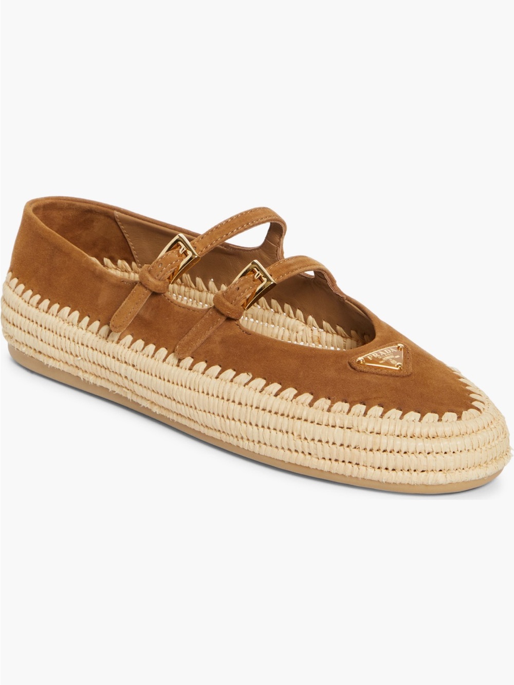 Prada Rama Raffia Double Strap Mary Jane Flat Brown Suede 10US 40EU New $1250